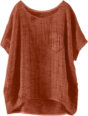 Summer Tops for Women 2025 Short Sleeve Crew Neck Linen Cotton Shirts Plus Size Gauze Casual Dressy Blouse