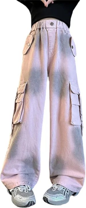 Teen Girls Palazzo Cargo Pants Kids Relaxed Wide Leg Straight Elastic Waist Casual Trousers Comfy Pants with Pockets