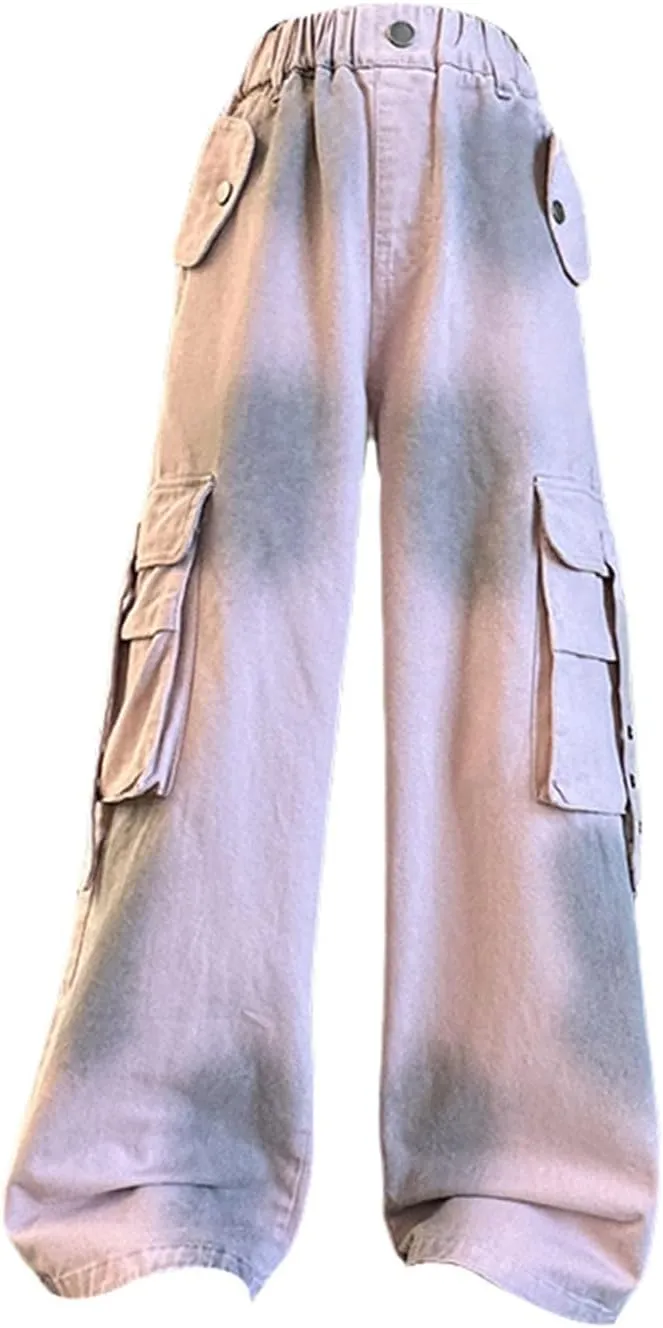 Teen Girls Palazzo Cargo Pants Kids Relaxed Wide Leg Straight Elastic Waist Casual Trousers Comfy Pants with Pockets