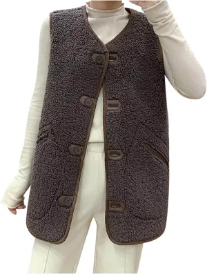 tuduoms Womens Sherpa Vest Casual Warm Fuzzy Faux Shearling Vest Sleeveless Fleece Jacket Pockets Teddy Coat Gilet for Winter