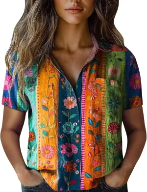 Vintage Boho Tops for Women Floral Print Shirt Casual Short Sleeve Button Up Blouses Short Sleeve Boho Shirts Tops
