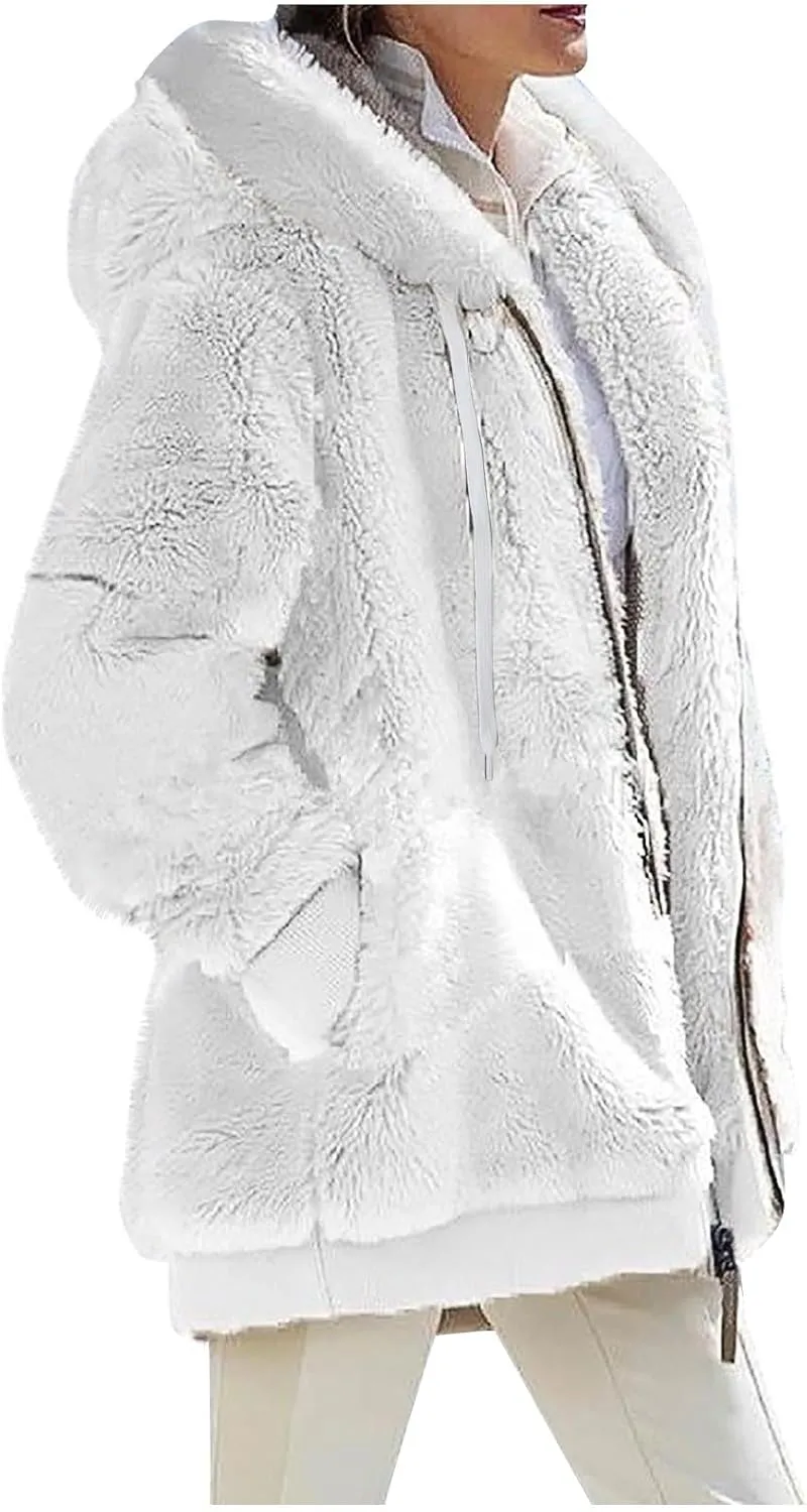 Winter Coats for Women Fuzzy Fleece Jacket Zipper Hooded Color Block Patchwork Cardigan Sherpa Outerwear with Pocket