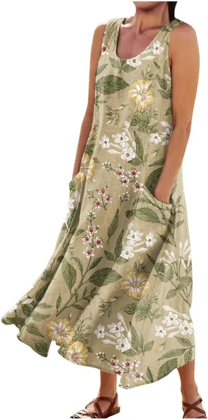 Women 2024 Summer Tank Dress Sleeveless U Neck Printed/Solid Boho Beach Shirt Maxi Flowy Linen Cotton Dresses with Pocket