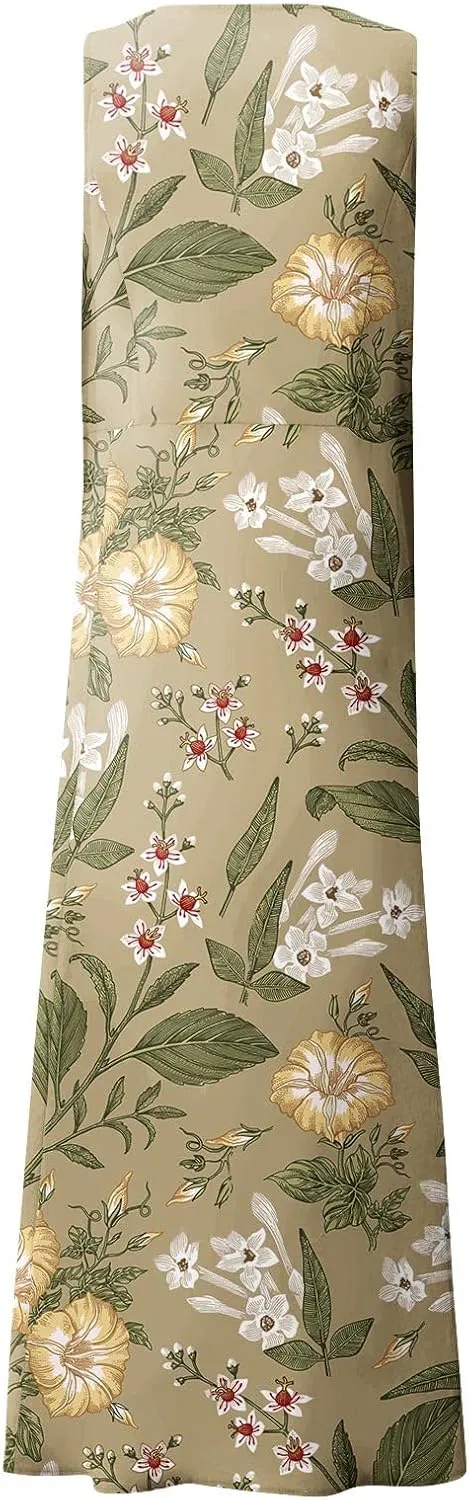 Women 2024 Summer Tank Dress Sleeveless U Neck Printed/Solid Boho Beach Shirt Maxi Flowy Linen Cotton Dresses with Pocket