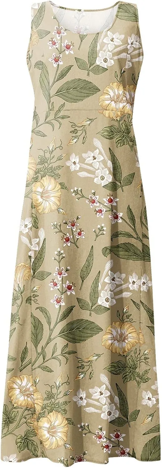 Women 2024 Summer Tank Dress Sleeveless U Neck Printed/Solid Boho Beach Shirt Maxi Flowy Linen Cotton Dresses with Pocket