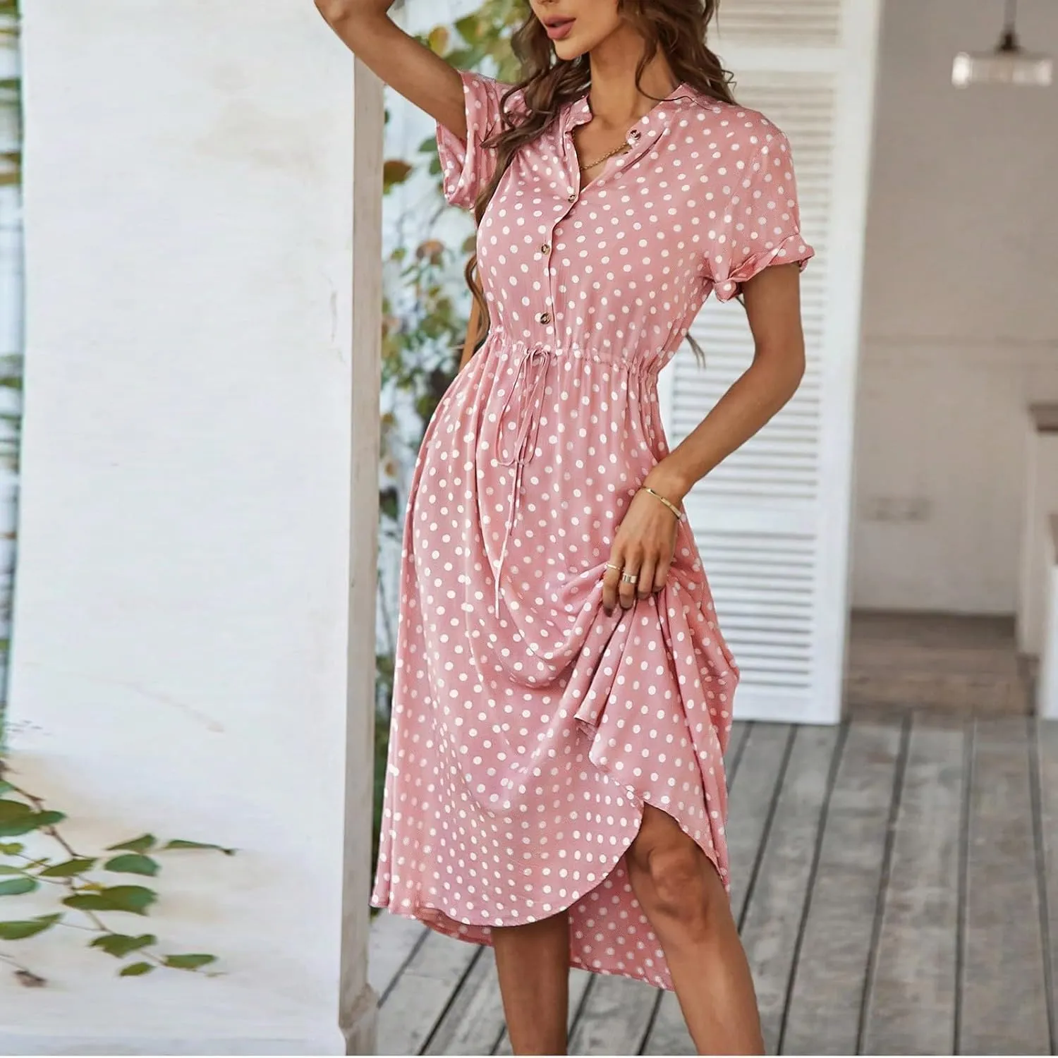 Women Button Front Drawstring High Waist Short Sleeve A Line Midi Dress Polka Dot Tie Waist Wrap Business Dress