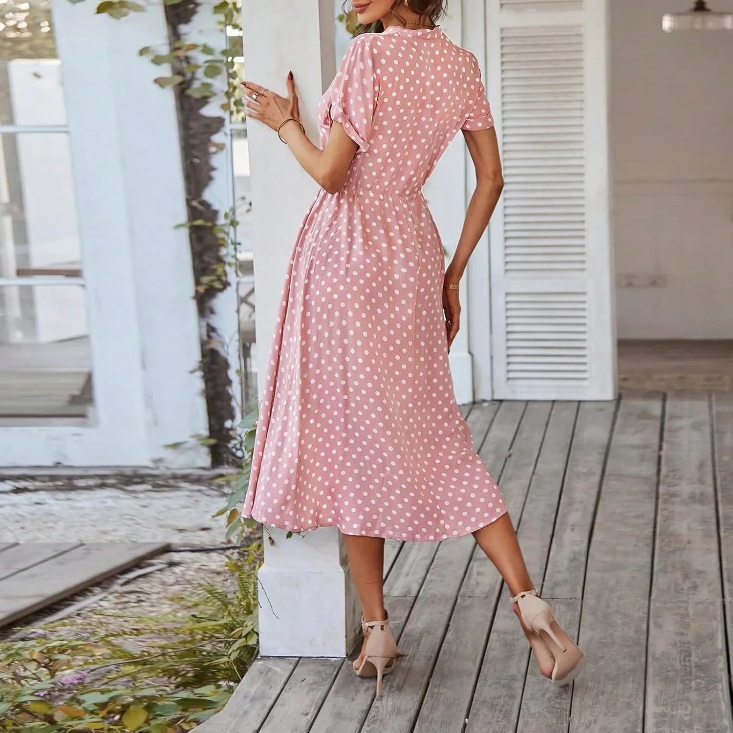 Women Button Front Drawstring High Waist Short Sleeve A Line Midi Dress Polka Dot Tie Waist Wrap Business Dress