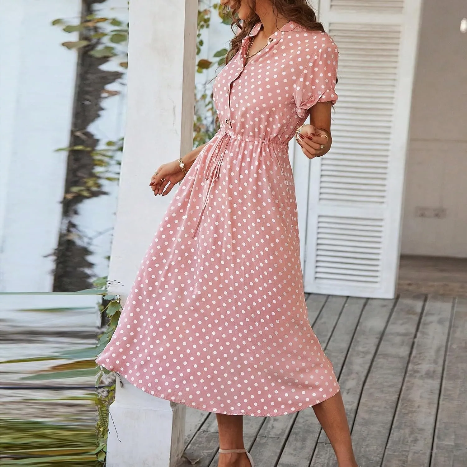 Women Button Front Drawstring High Waist Short Sleeve A Line Midi Dress Polka Dot Tie Waist Wrap Business Dress