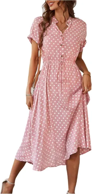 Women Button Front Drawstring High Waist Short Sleeve A Line Midi Dress Polka Dot Tie Waist Wrap Business Dress