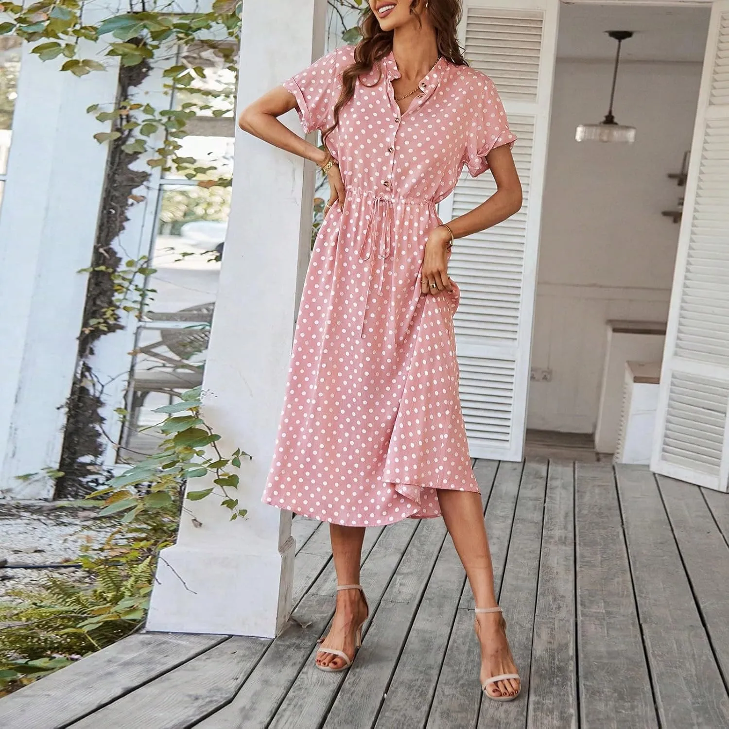 Women Button Front Drawstring High Waist Short Sleeve A Line Midi Dress Polka Dot Tie Waist Wrap Business Dress