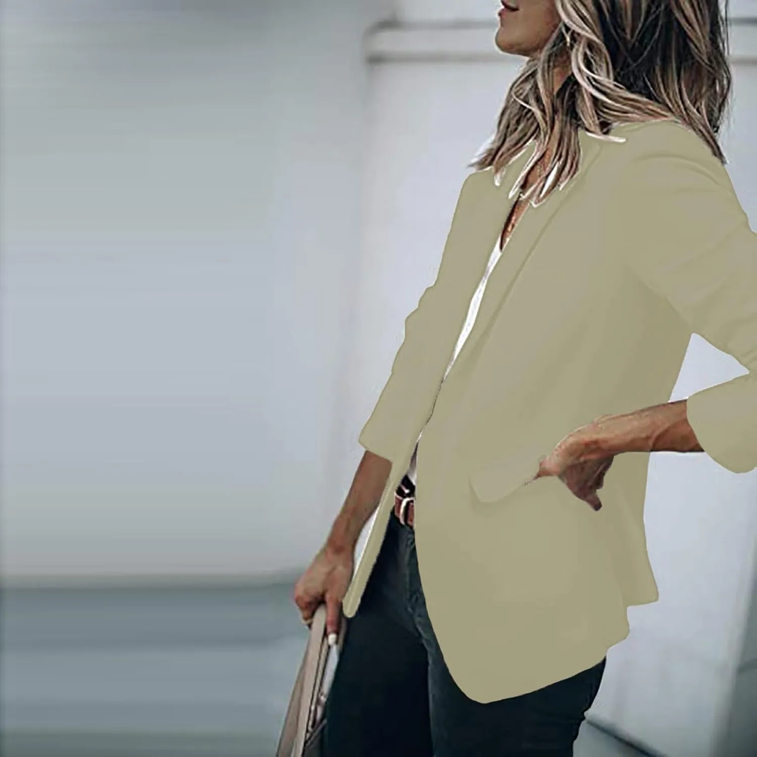 Women Fall Fashion 2024 Blazers Long Sleeve Open Front Button Blazer Jackets Solid Color Work Office Suit Jacket