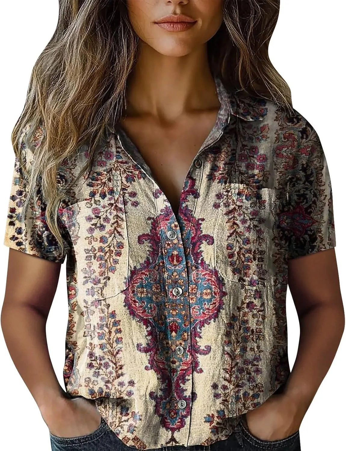 Women Linen Shirts Button Down Vintage Boho Paisley Print Breathable V Neck Collared Gauze Tops Fashion Lightweight 2025