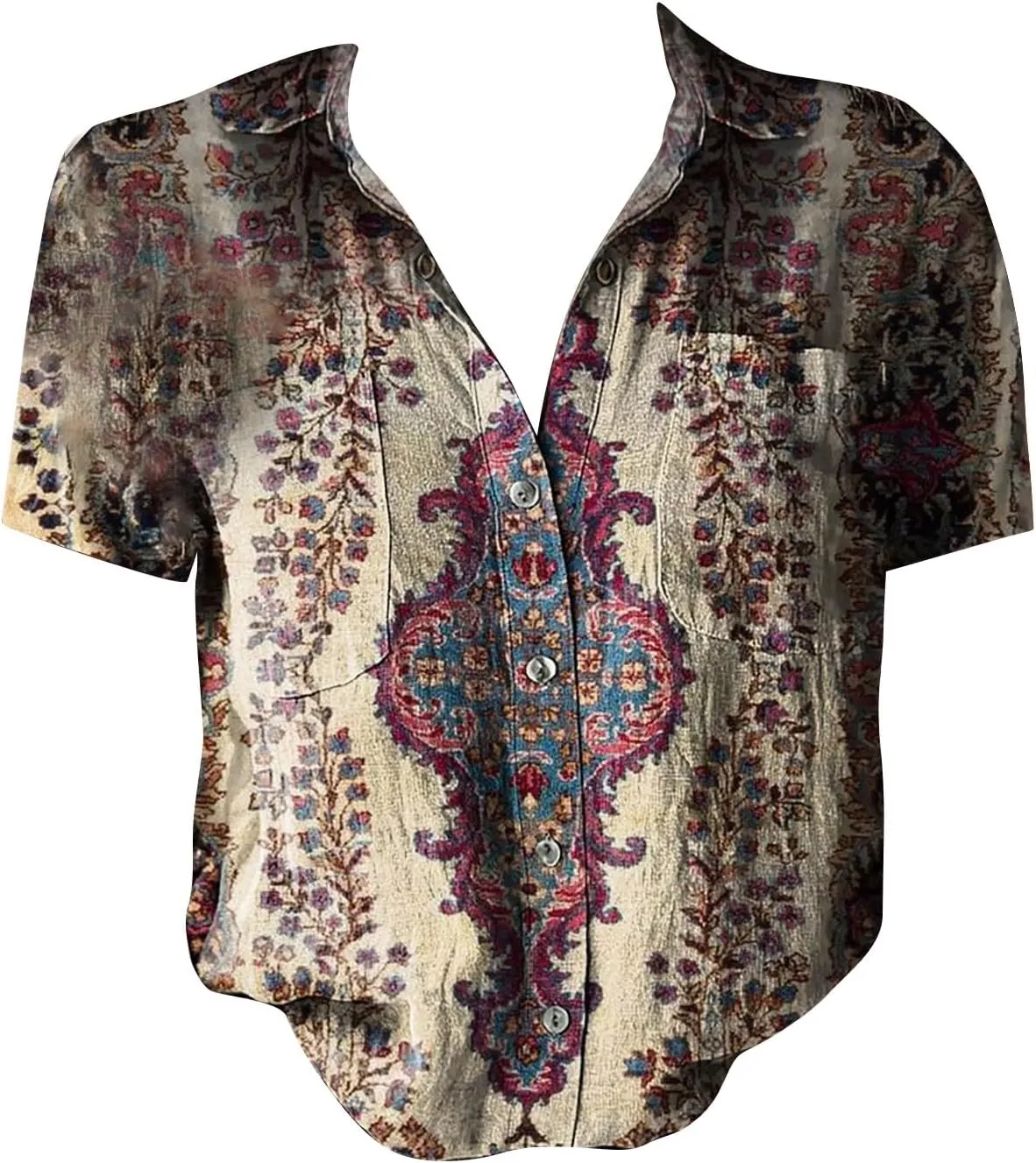 Women Linen Shirts Button Down Vintage Boho Paisley Print Breathable V Neck Collared Gauze Tops Fashion Lightweight 2025