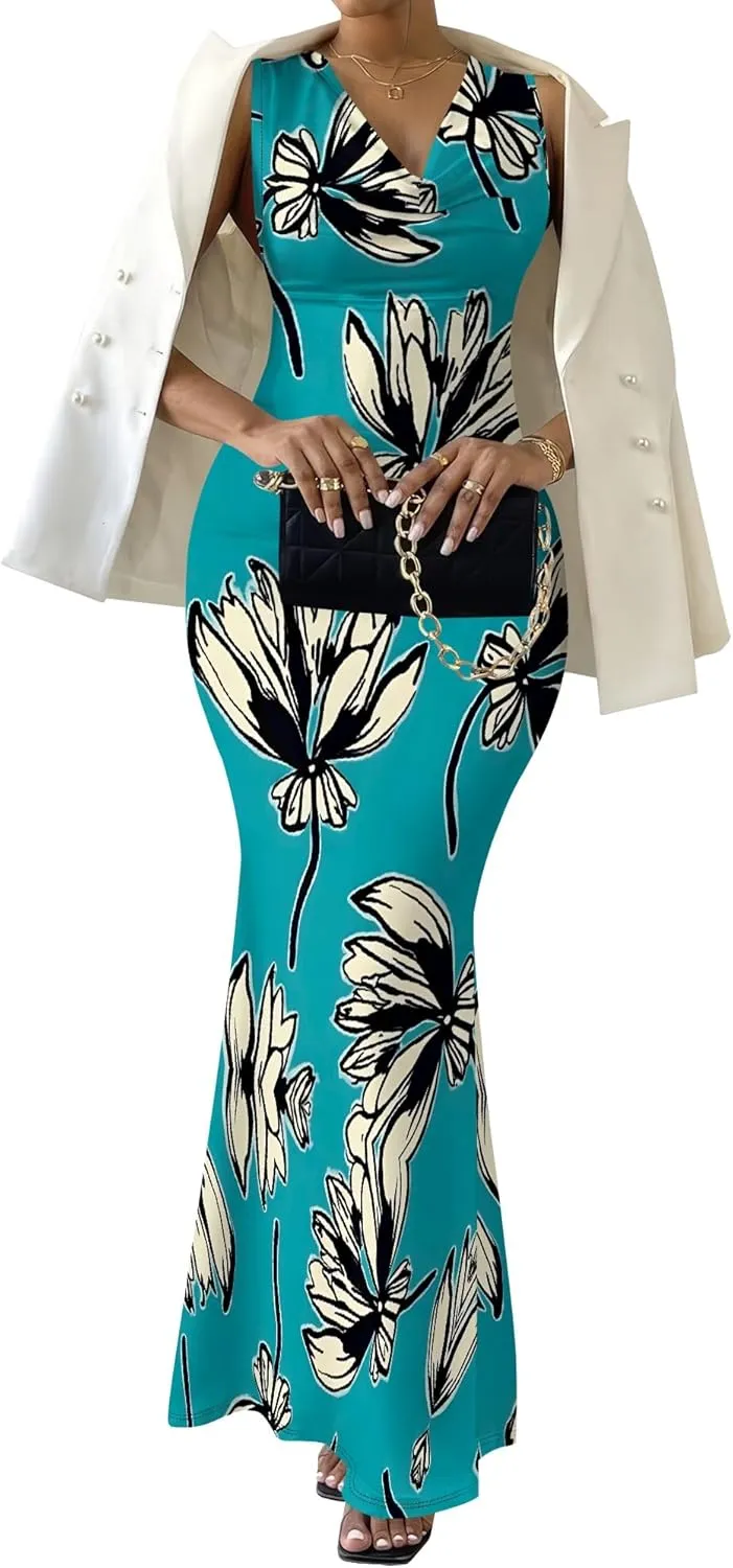 Women Summer Fashion Sexy Dress Sleeveless V Neck Side Slits Maxi Bodycon Mermaid Cocktail Evening Parties Dresses