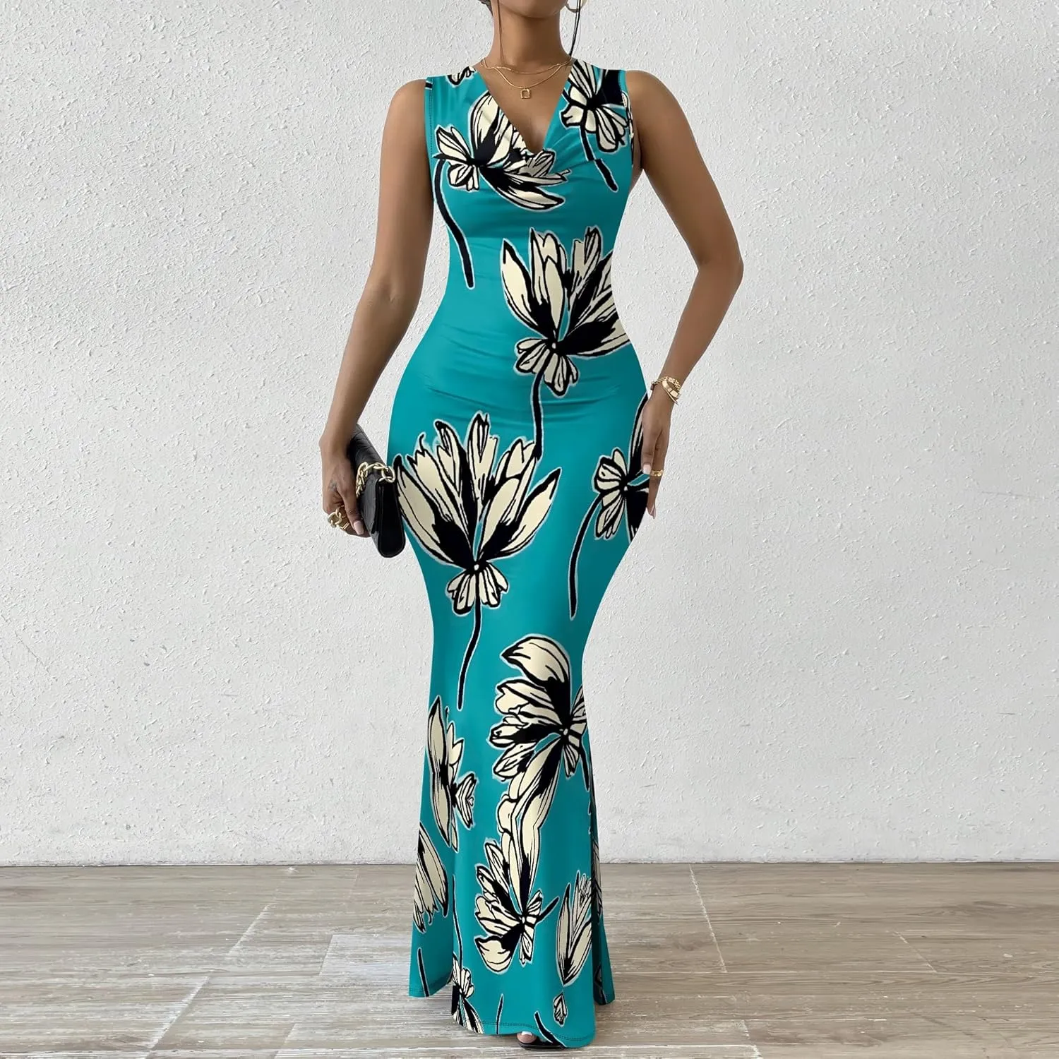 Women Summer Fashion Sexy Dress Sleeveless V Neck Side Slits Maxi Bodycon Mermaid Cocktail Evening Parties Dresses
