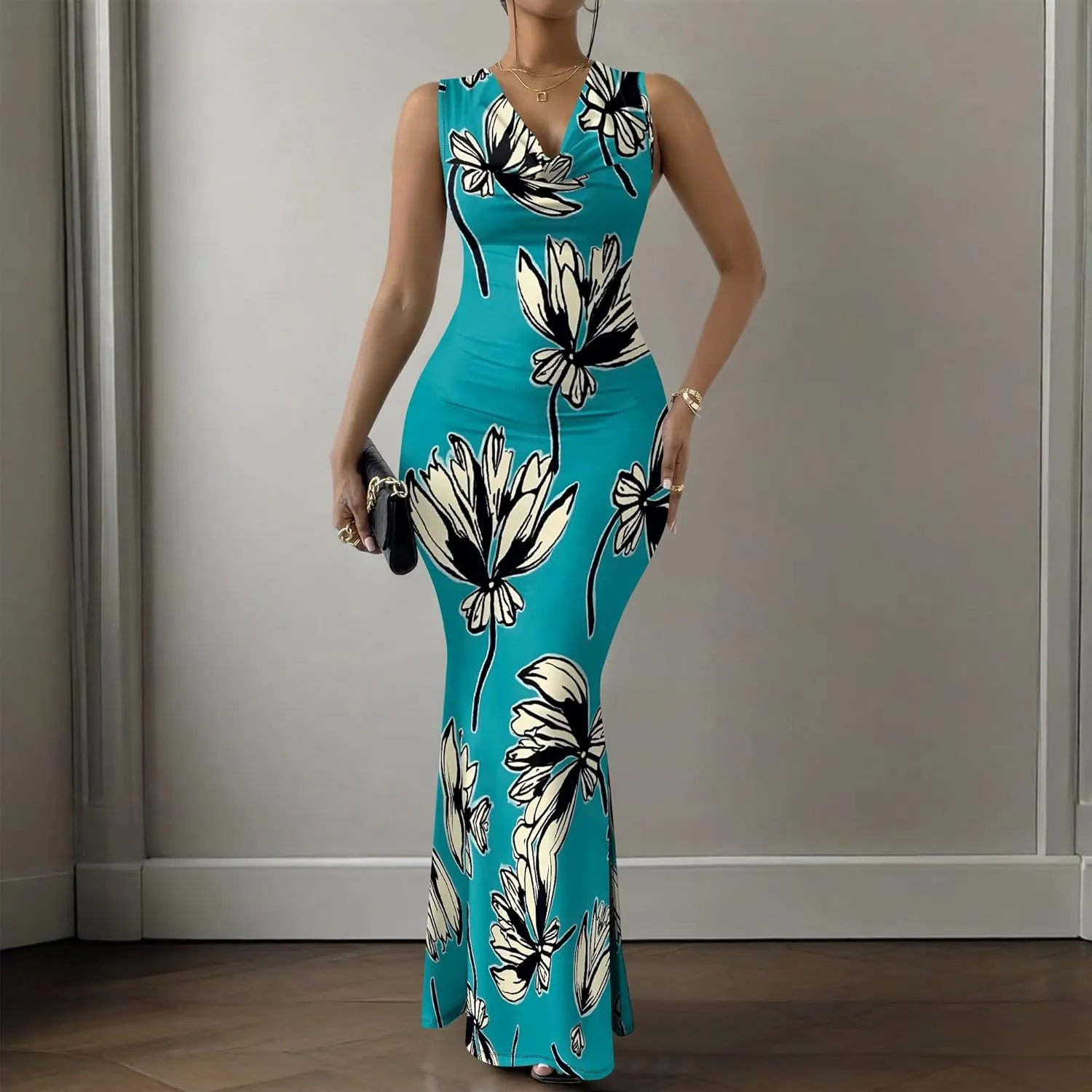 Women Summer Fashion Sexy Dress Sleeveless V Neck Side Slits Maxi Bodycon Mermaid Cocktail Evening Parties Dresses