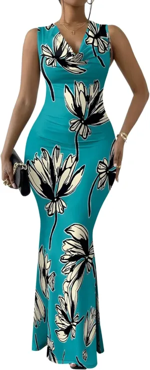 Women Summer Fashion Sexy Dress Sleeveless V Neck Side Slits Maxi Bodycon Mermaid Cocktail Evening Parties Dresses