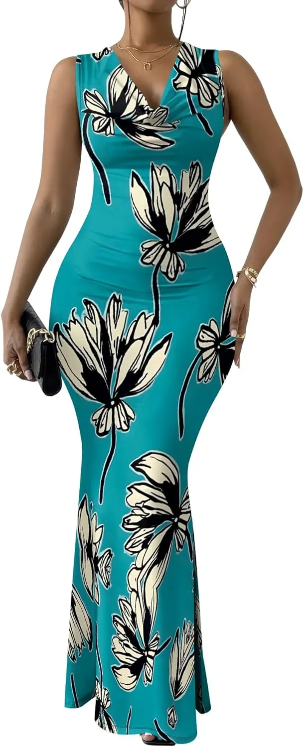 Women Summer Fashion Sexy Dress Sleeveless V Neck Side Slits Maxi Bodycon Mermaid Cocktail Evening Parties Dresses