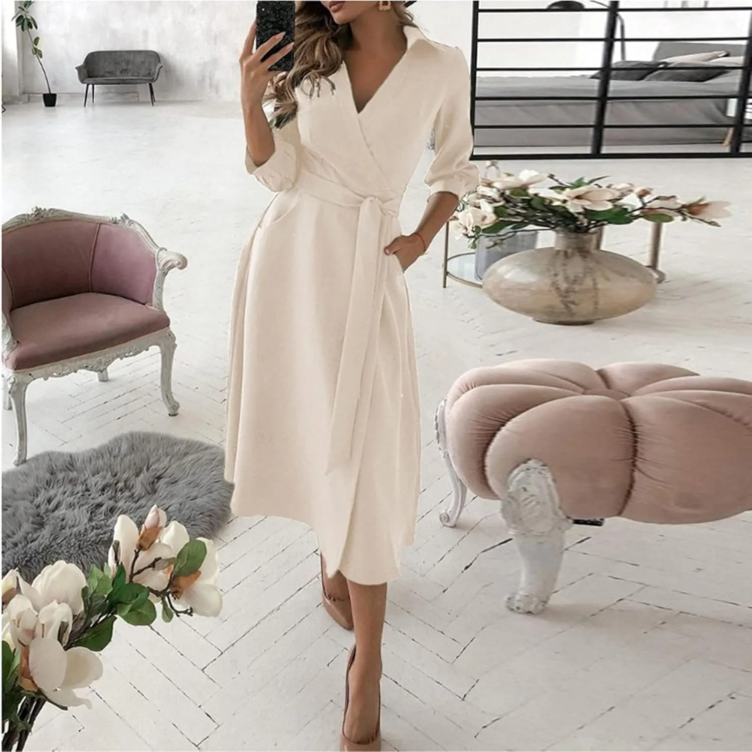 Women's 3/4 Sleeve Spring Summer Dress Wide Collar V Neck Faux Wrap Aline Casual Short Sleeve Work Dresses