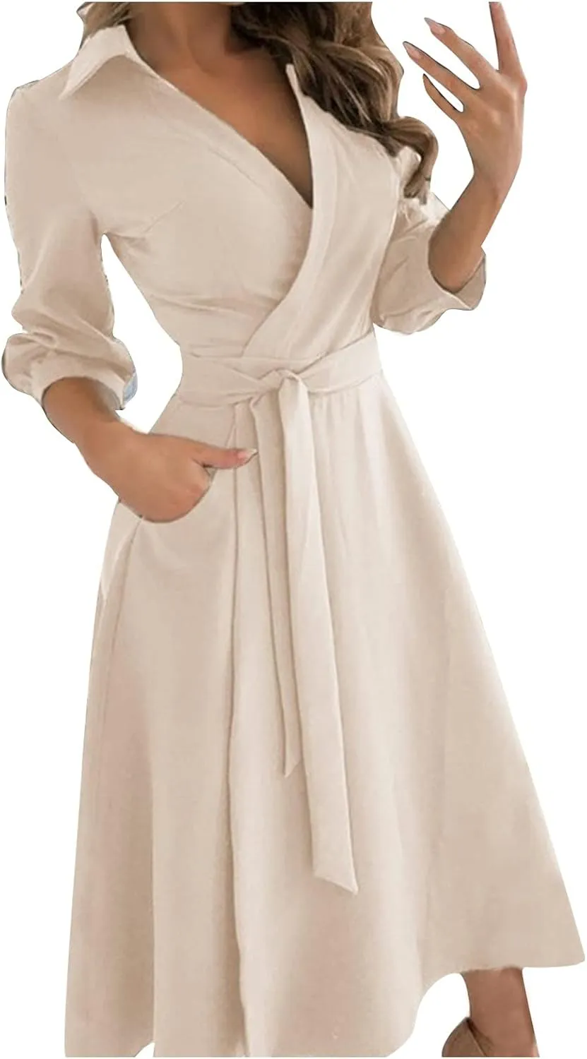 Women's 3/4 Sleeve Spring Summer Dress Wide Collar V Neck Faux Wrap Aline Casual Short Sleeve Work Dresses