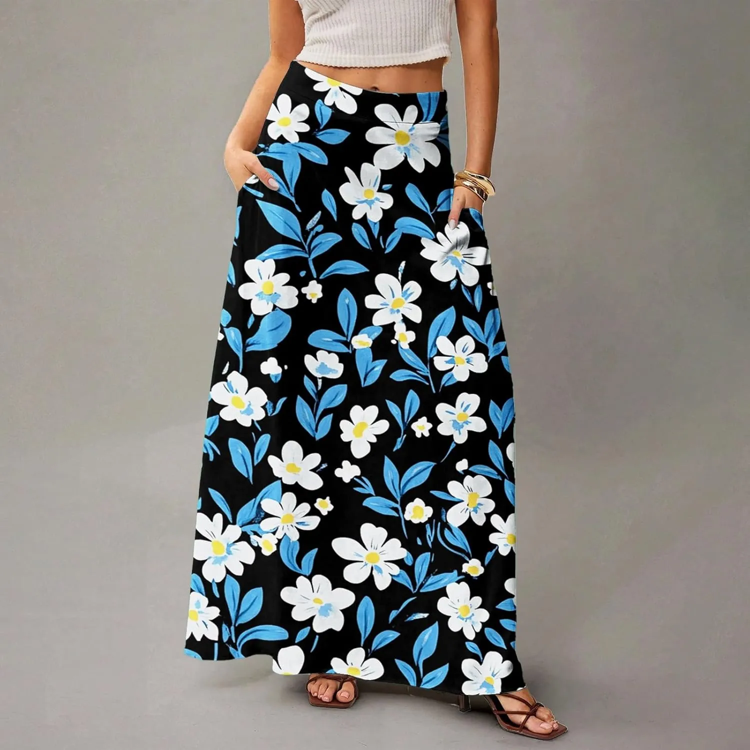 Women's Boho Dresses 2025 Floral Skirt Casual Elastic High Waist Maxi Skirts Flowy A Line Beach Long Skirt, S-2XL