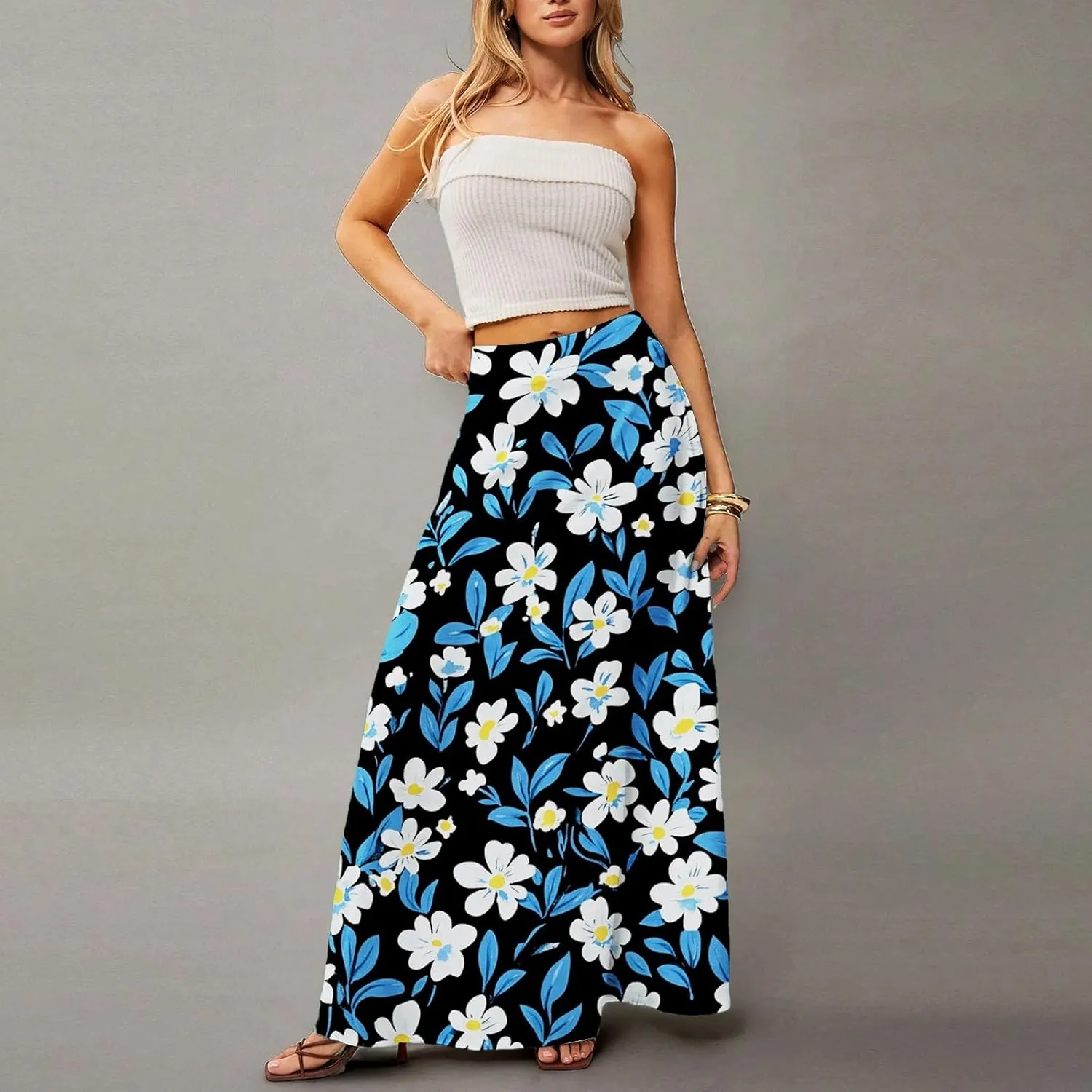 Women's Boho Dresses 2025 Floral Skirt Casual Elastic High Waist Maxi Skirts Flowy A Line Beach Long Skirt, S-2XL