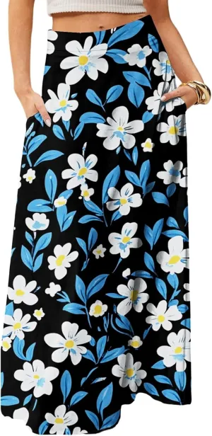 Women's Boho Dresses 2025 Floral Skirt Casual Elastic High Waist Maxi Skirts Flowy A Line Beach Long Skirt, S-2XL