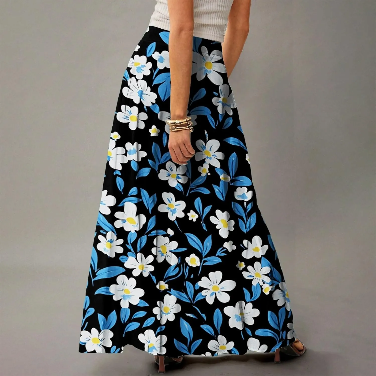 Women's Boho Dresses 2025 Floral Skirt Casual Elastic High Waist Maxi Skirts Flowy A Line Beach Long Skirt, S-2XL