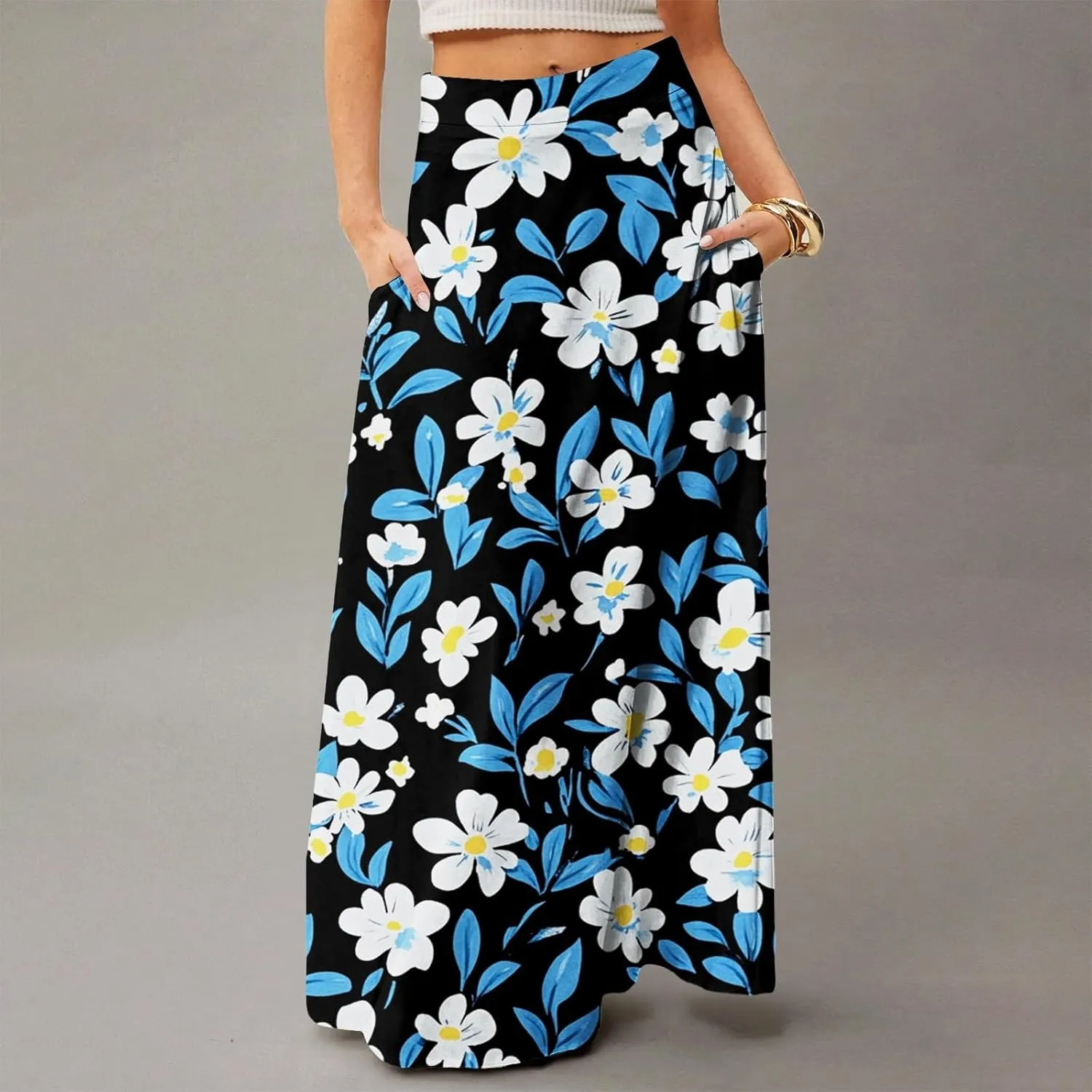Women's Boho Dresses 2025 Floral Skirt Casual Elastic High Waist Maxi Skirts Flowy A Line Beach Long Skirt, S-2XL