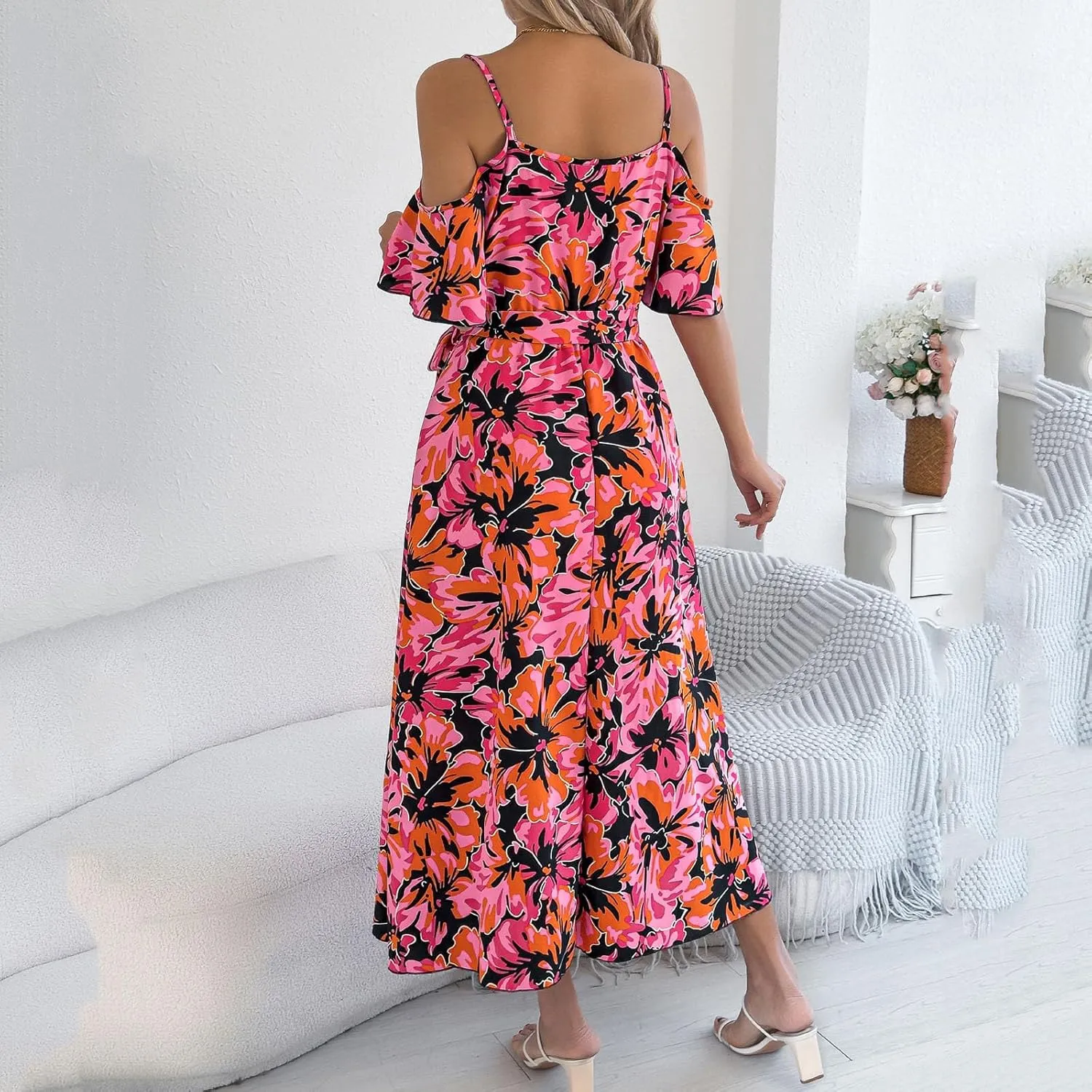 Women's Boho Floral Print Cold Shoulder Dress Short Sleeve Slit Front Belted A Line Beach Vacation Midi Dresses