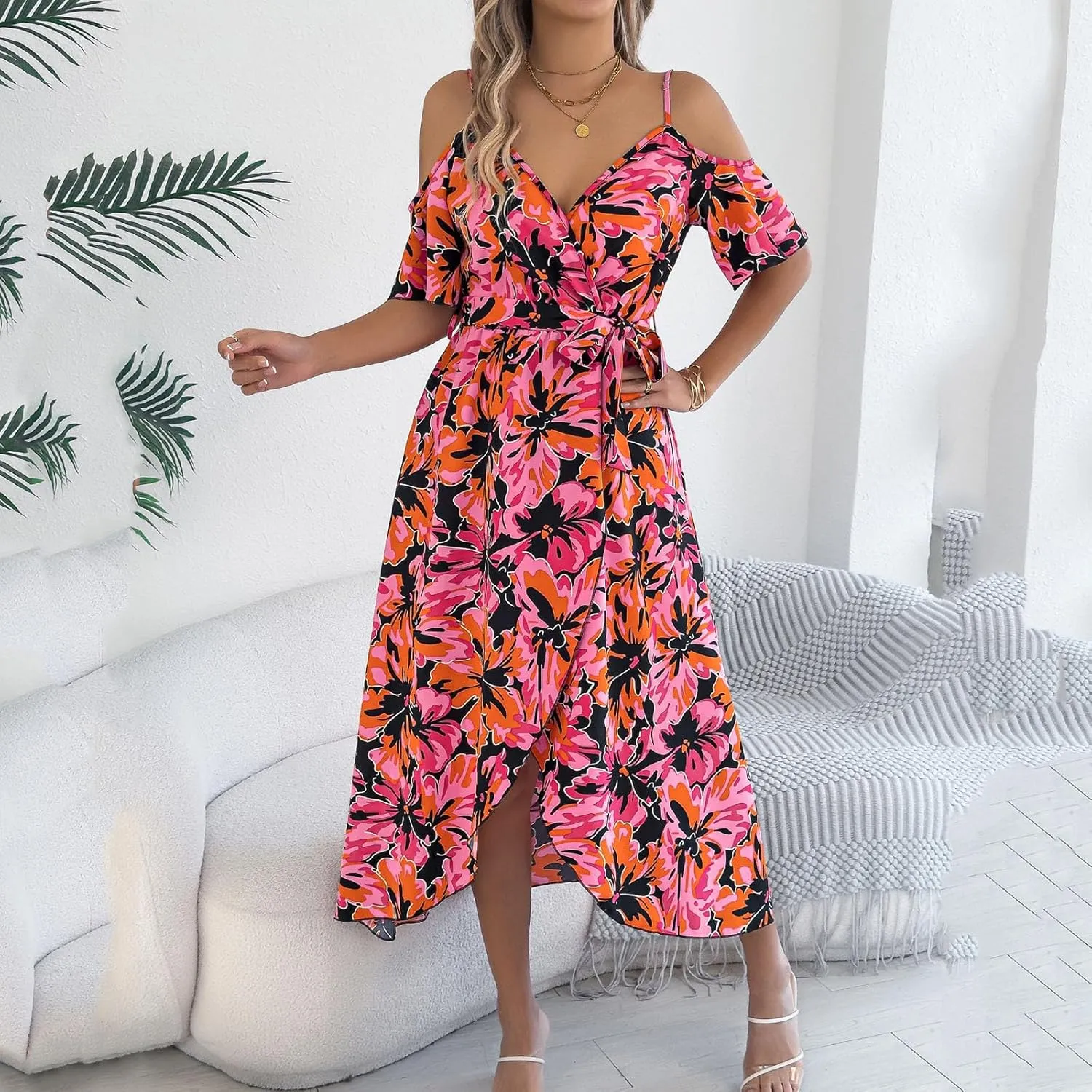 Women's Boho Floral Print Cold Shoulder Dress Short Sleeve Slit Front Belted A Line Beach Vacation Midi Dresses