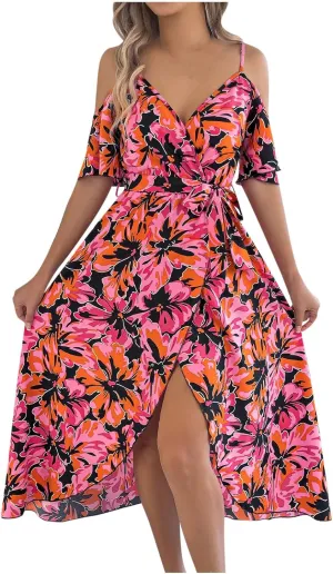 Women's Boho Floral Print Cold Shoulder Dress Short Sleeve Slit Front Belted A Line Beach Vacation Midi Dresses