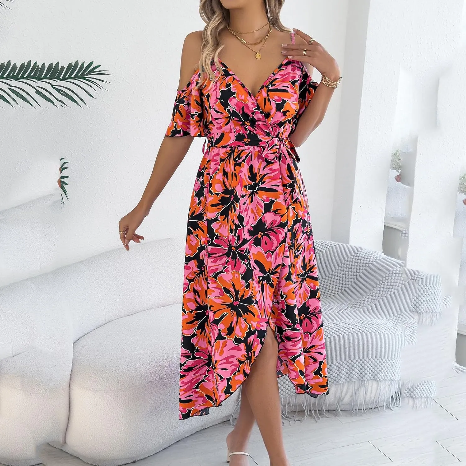 Women's Boho Floral Print Cold Shoulder Dress Short Sleeve Slit Front Belted A Line Beach Vacation Midi Dresses