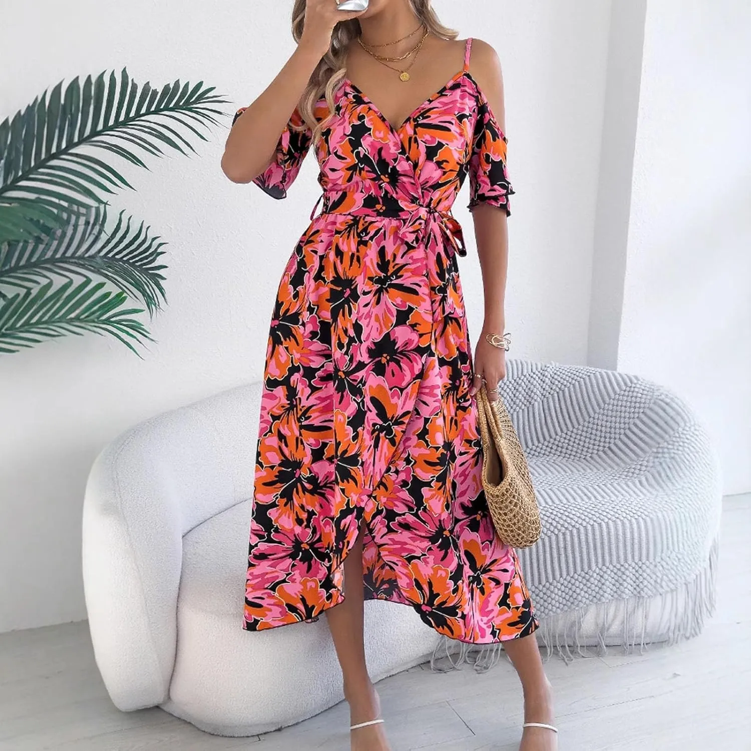 Women's Boho Floral Print Cold Shoulder Dress Short Sleeve Slit Front Belted A Line Beach Vacation Midi Dresses