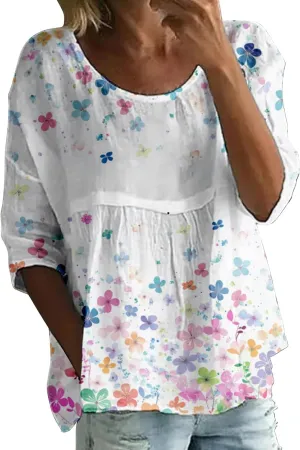 Womens Boho Peasant Tops 3/4 Sleeve Floral Print Round Neck Tee Tunic Shirt Summer Trendy Loose Fit Causal Blouses