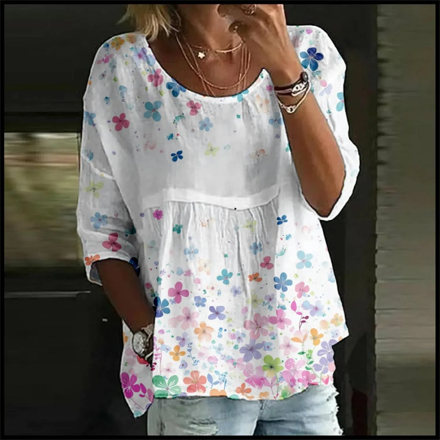 Womens Boho Peasant Tops 3/4 Sleeve Floral Print Round Neck Tee Tunic Shirt Summer Trendy Loose Fit Causal Blouses