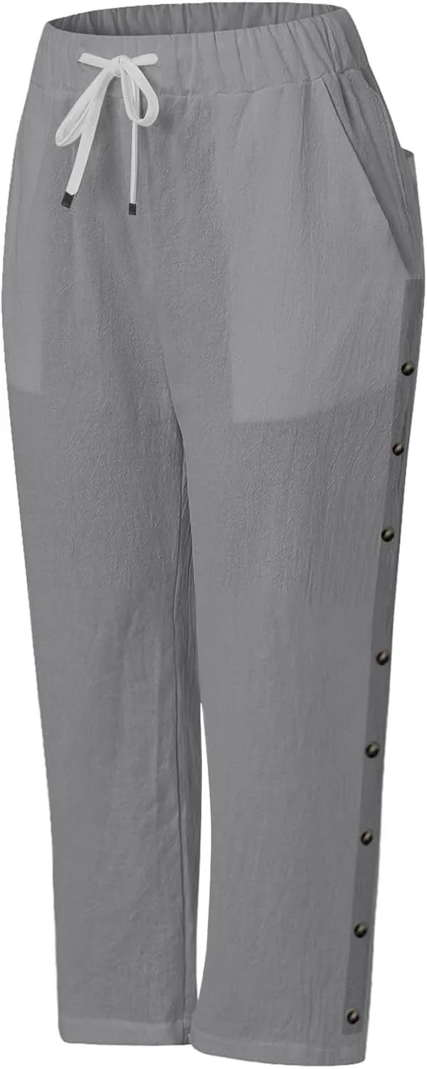 Women's Capri Pants Petite Side Button Elastic Waist Drawstring Lightweight Trousers with Pockets Dressy Casual