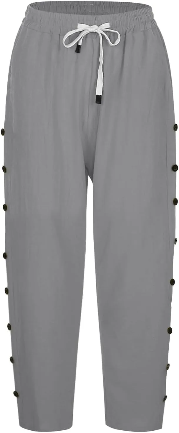 Women's Capri Pants Petite Side Button Elastic Waist Drawstring Lightweight Trousers with Pockets Dressy Casual