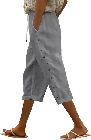Women's Capri Pants Petite Side Button Elastic Waist Drawstring Lightweight Trousers with Pockets Dressy Casual