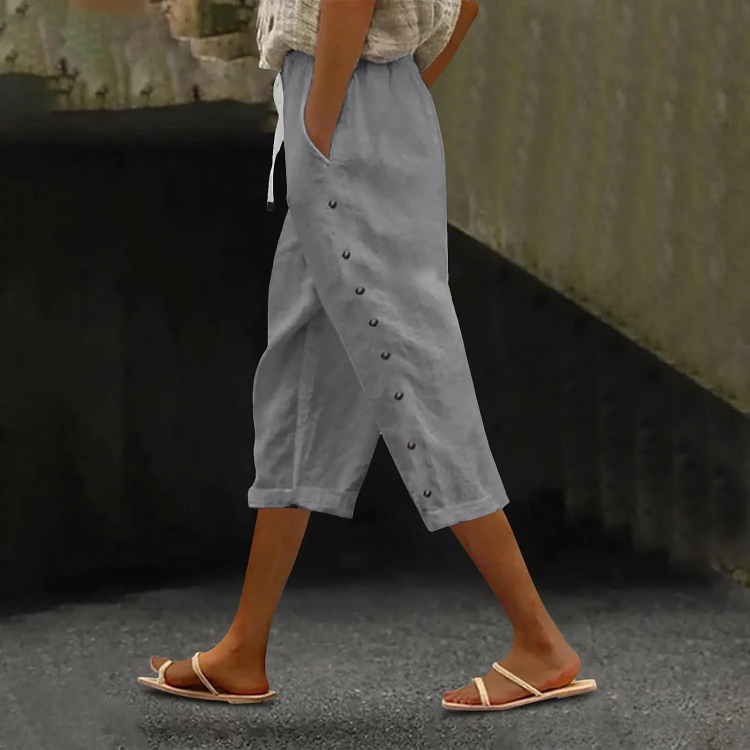 Women's Capri Pants Petite Side Button Elastic Waist Drawstring Lightweight Trousers with Pockets Dressy Casual