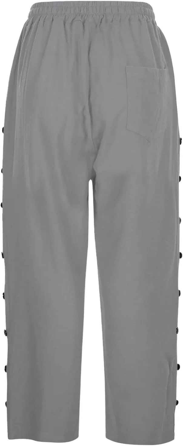 Women's Capri Pants Petite Side Button Elastic Waist Drawstring Lightweight Trousers with Pockets Dressy Casual