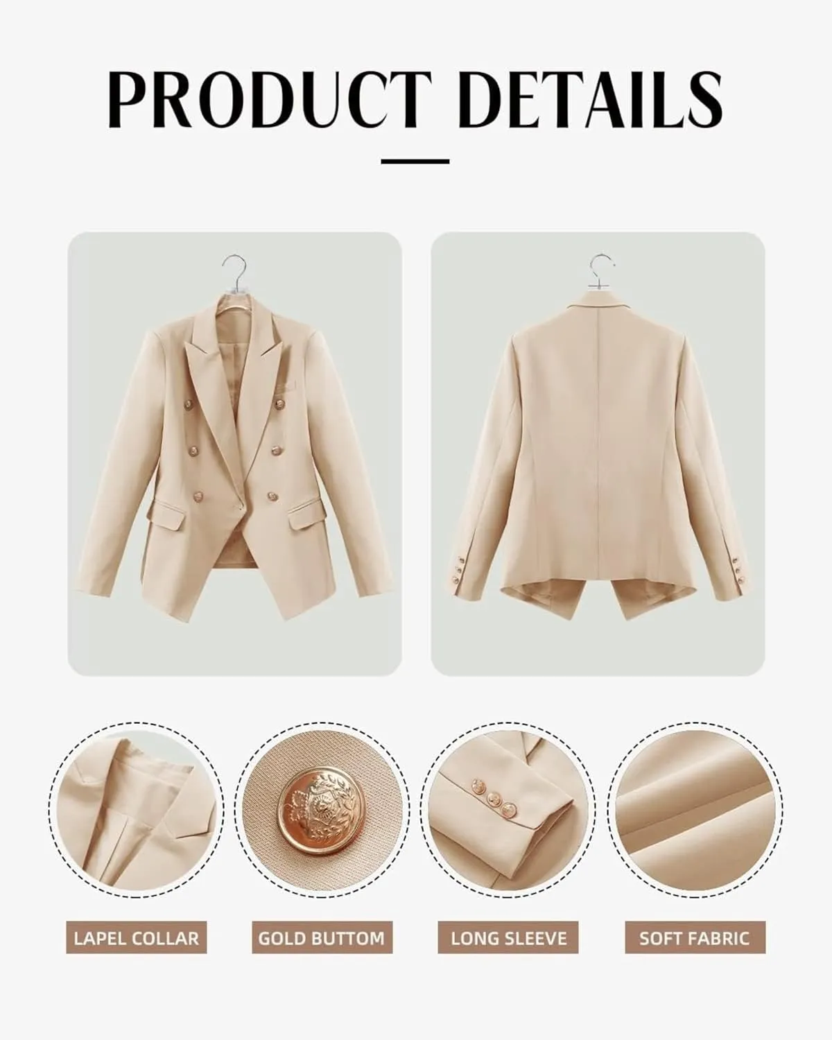 Womens Casual Blazer Lightweight Gold Button Long Sleeve Lapel Jacket Work 0ffice Suit Cardigan