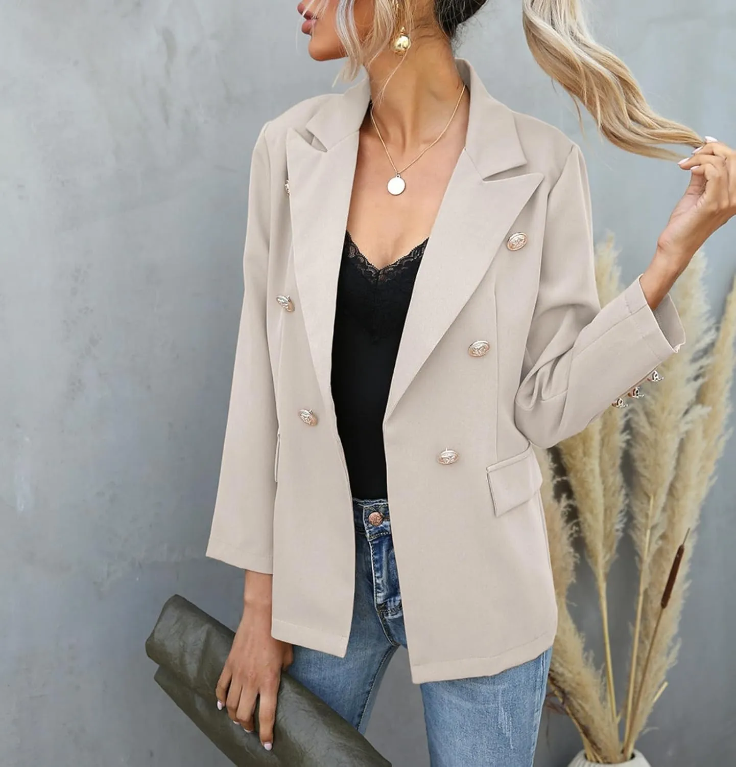 Womens Casual Blazer Lightweight Gold Button Long Sleeve Lapel Jacket Work 0ffice Suit Cardigan