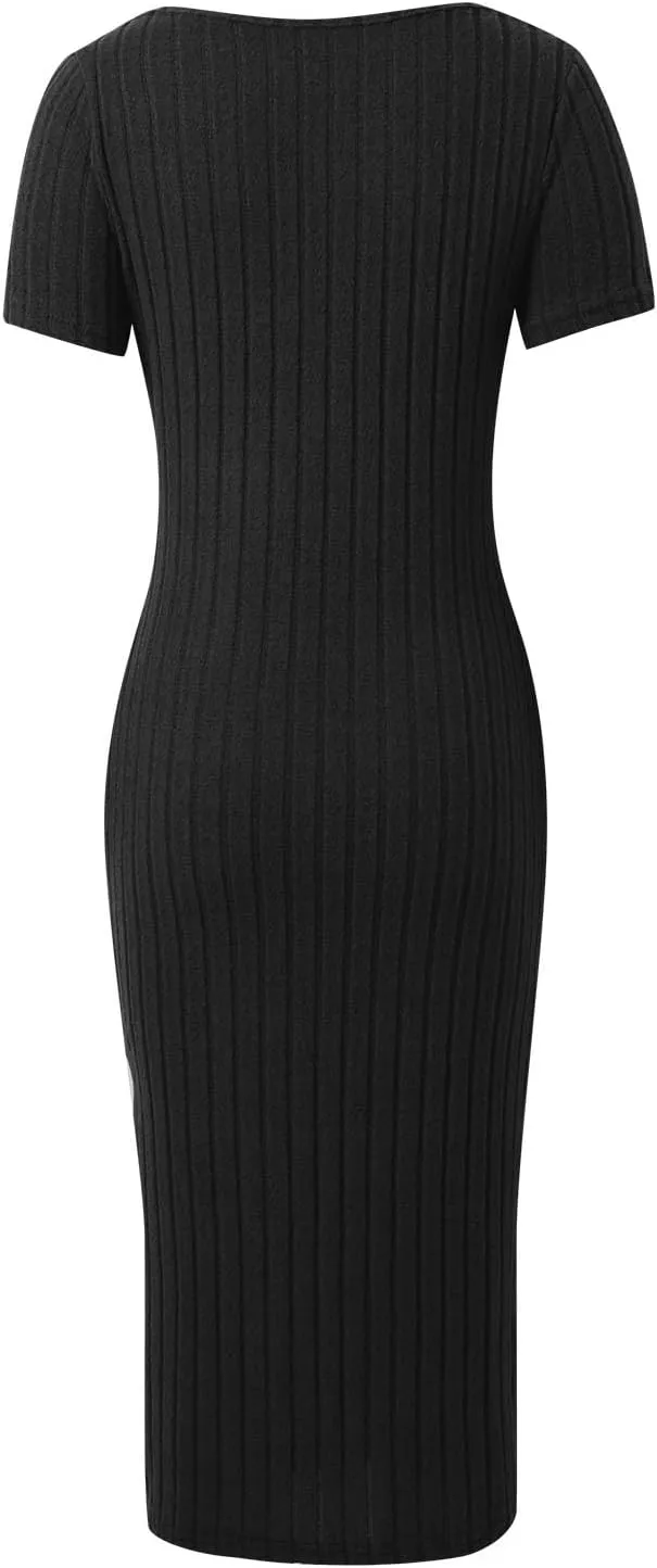 Women's Casual Square Neck Ribbed Maxi Dress Stretchy Summer Long Bodycon Knit Dress with Side Slit for Daily