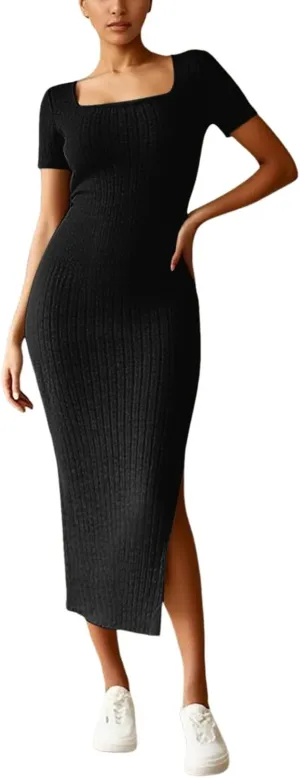 Women's Casual Square Neck Ribbed Maxi Dress Stretchy Summer Long Bodycon Knit Dress with Side Slit for Daily