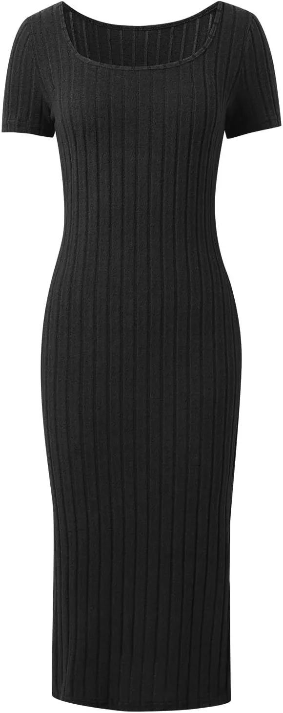 Women's Casual Square Neck Ribbed Maxi Dress Stretchy Summer Long Bodycon Knit Dress with Side Slit for Daily