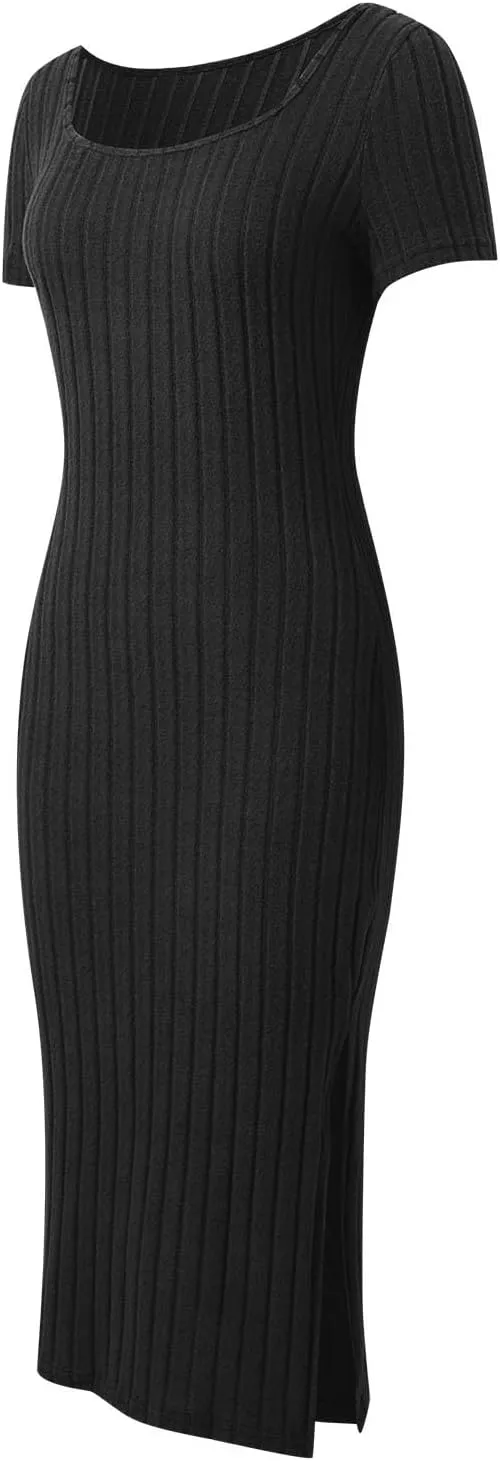 Women's Casual Square Neck Ribbed Maxi Dress Stretchy Summer Long Bodycon Knit Dress with Side Slit for Daily