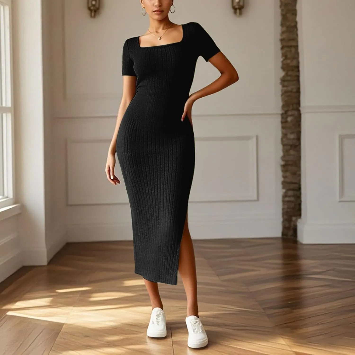 Women's Casual Square Neck Ribbed Maxi Dress Stretchy Summer Long Bodycon Knit Dress with Side Slit for Daily
