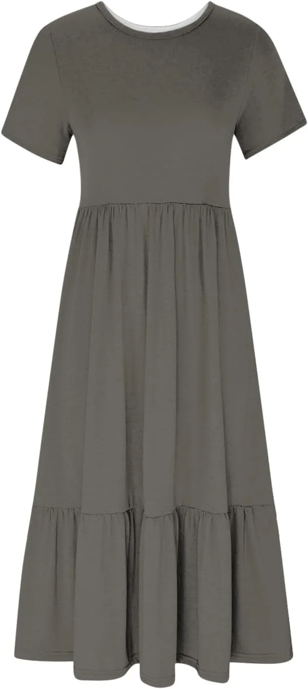 Women's Casual Summer Dresses Puff Sleeve Elegant Wrap Smocked Waist Sundresses Cozy Tiered A-Line Tea Dress for Ladies