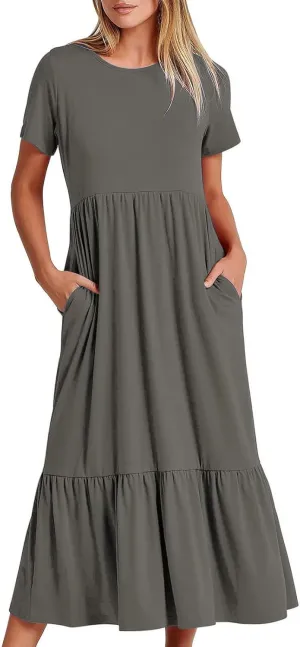 Women's Casual Summer Dresses Puff Sleeve Elegant Wrap Smocked Waist Sundresses Cozy Tiered A-Line Tea Dress for Ladies